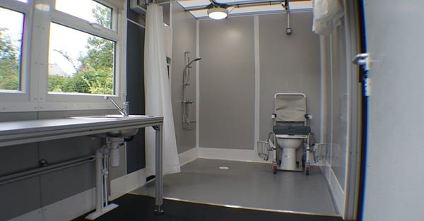 Wheelchair accessible wet room temporary modular solution by the Temporary Solutions Group