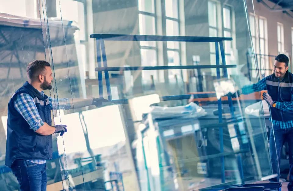 Two workers handling large glass panes in a factory setting.