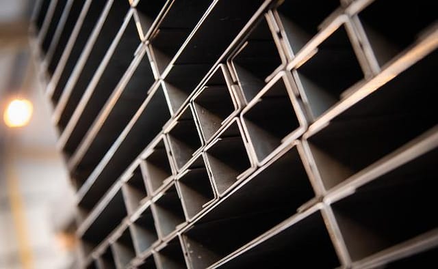 Pressed steel formed in to c-shaped steel sections ready for modular building manufacture