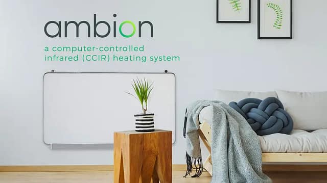 Modern living room interior with an 'Ambion' computer-controlled infrared heating system mounted on the wall