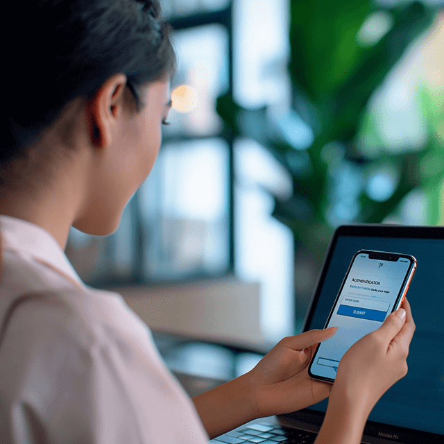 Woman using smartphone to secure documents