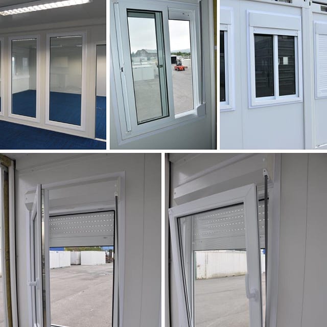 A collage of images highlighting the windows and security shutter of a modular office unit