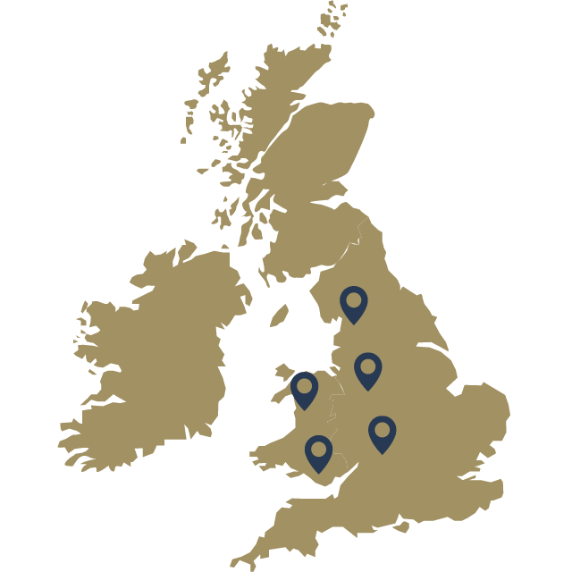 UK Map in gold with a few markers