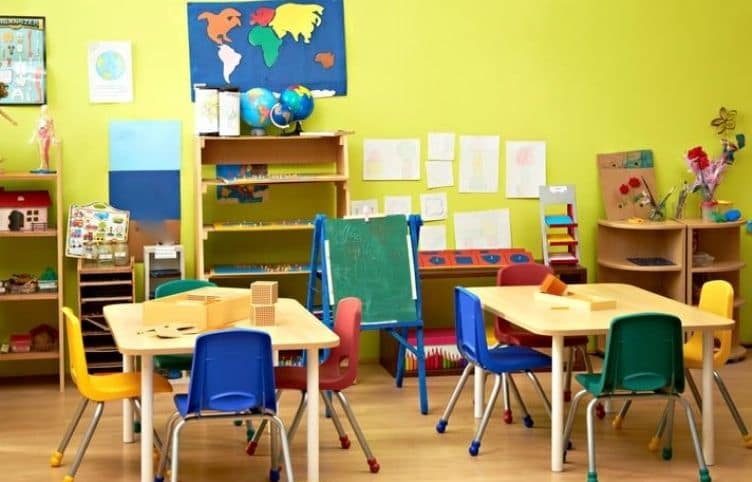 Colourful preschool tables with chairs and things for education