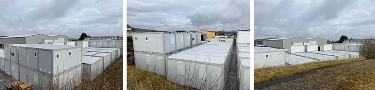 Triptych image showing a storage yard filled with stacked white modular buildings under a cloudy sky