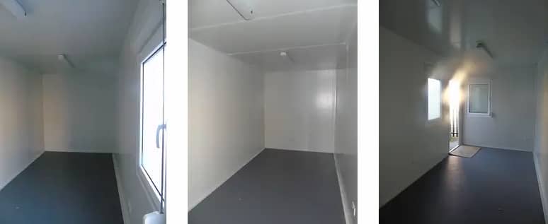 A three-part panoramic view of an empty interior of a modular office unit with windows, featuring plain walls and a dark floor.