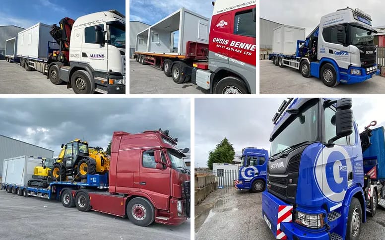 Collage of various trucks from different companies, showcasing transport and logistics services