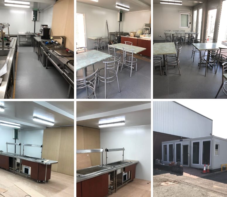 A collage of six images showing the interiors and exterior of a modular building setup with a fully equipped kitchen, a dining area with tables and chairs, and an external view of the modular unit with multiple doors