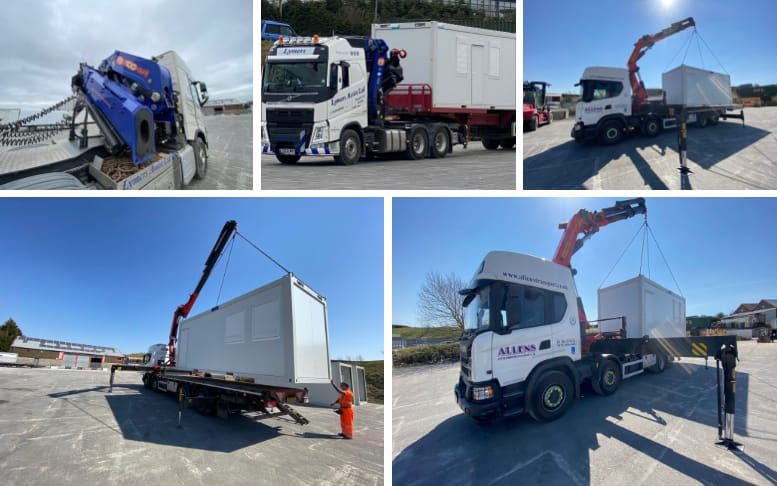 Ttransportation and placement of modular units, such as portable offices or storage containers, using heavy-duty trucks equipped with cranes. The trucks are from a company named "Allens," as indicated by the branding on the vehicles