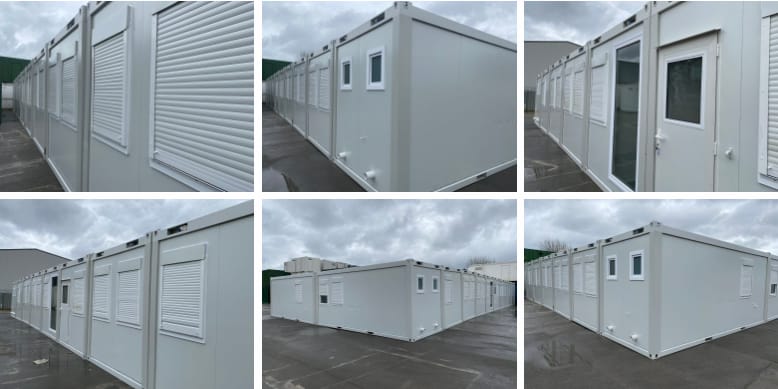 collage showing various angles of white modular buildings with shuttered windows, likely used for temporary offices or living spaces