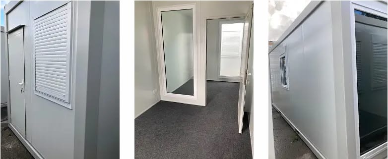 A three-part image showing different angles of a white modular building; the left shows the exterior door, the middle the interior with a mirror, and the right the side view.