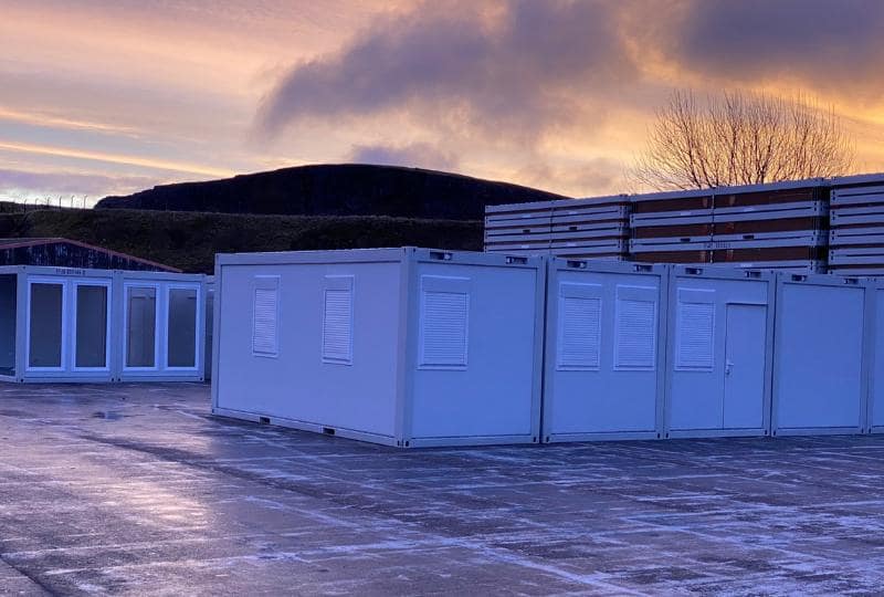 TF Jackson prefabricated units, photographed at dusk