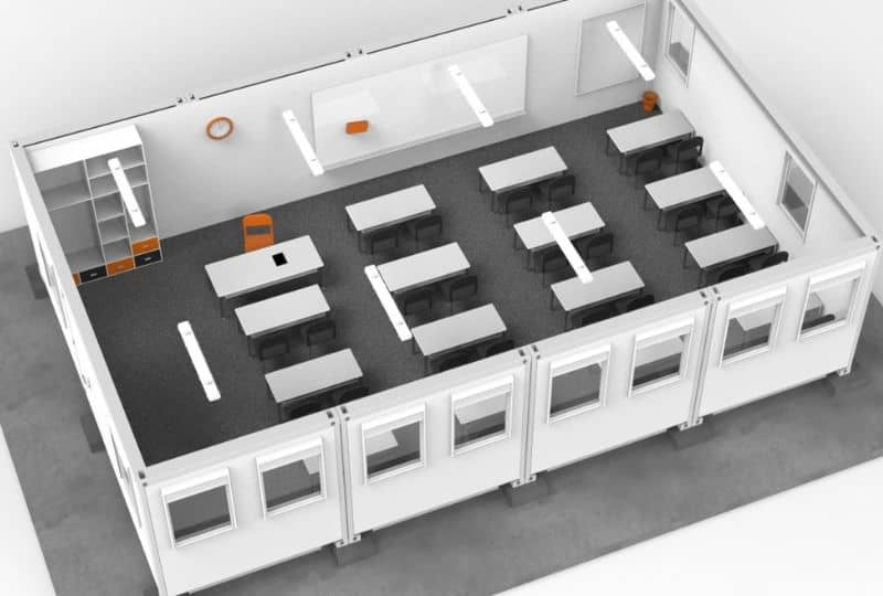 3D render of a prefabricated mobile classroom