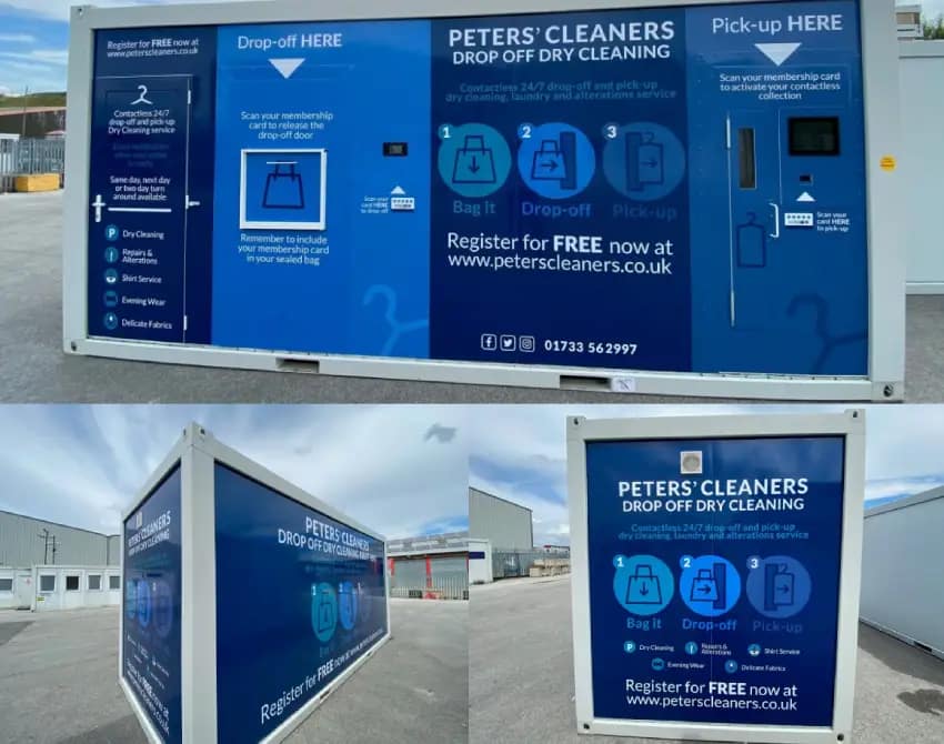 A sign for Peter's Cleaners detailing their contactless drop-off and pick-up dry cleaning services, set against an industrial backdrop