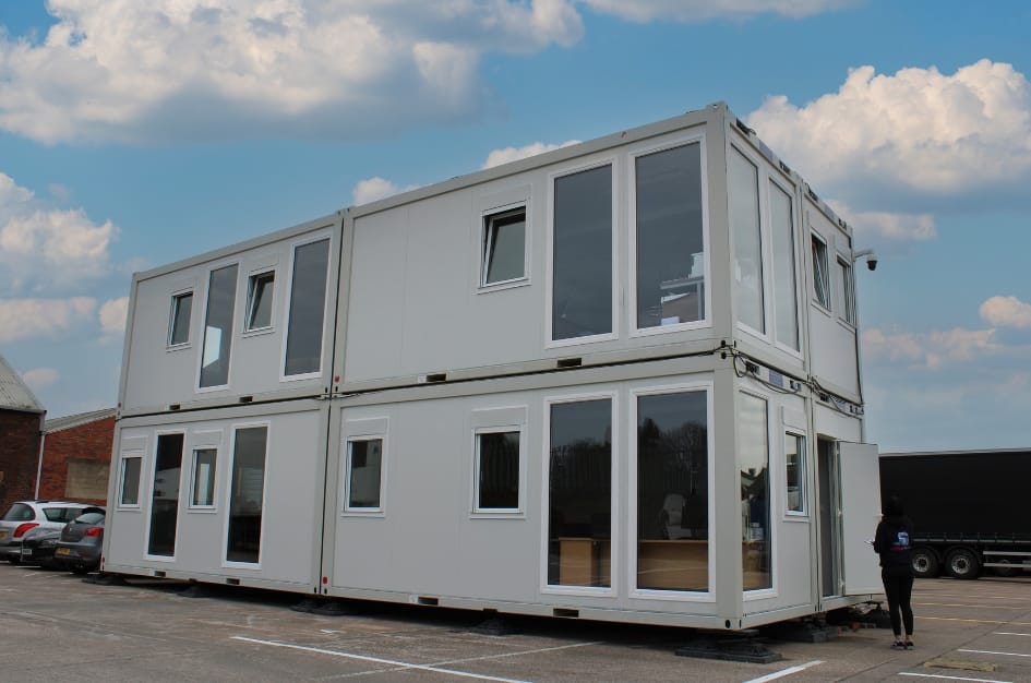 Front view of the new prefabricated building at ADS Truckstop, housing offices, meeting rooms, café and retail space