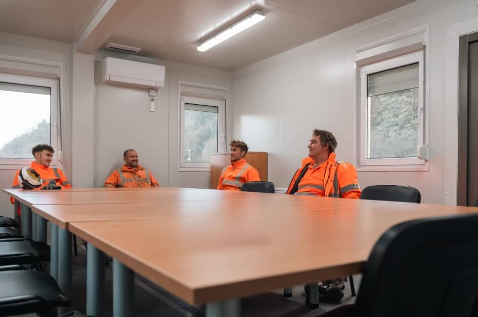 Team members at Torr Works Quarry making use of their new meeting room facility