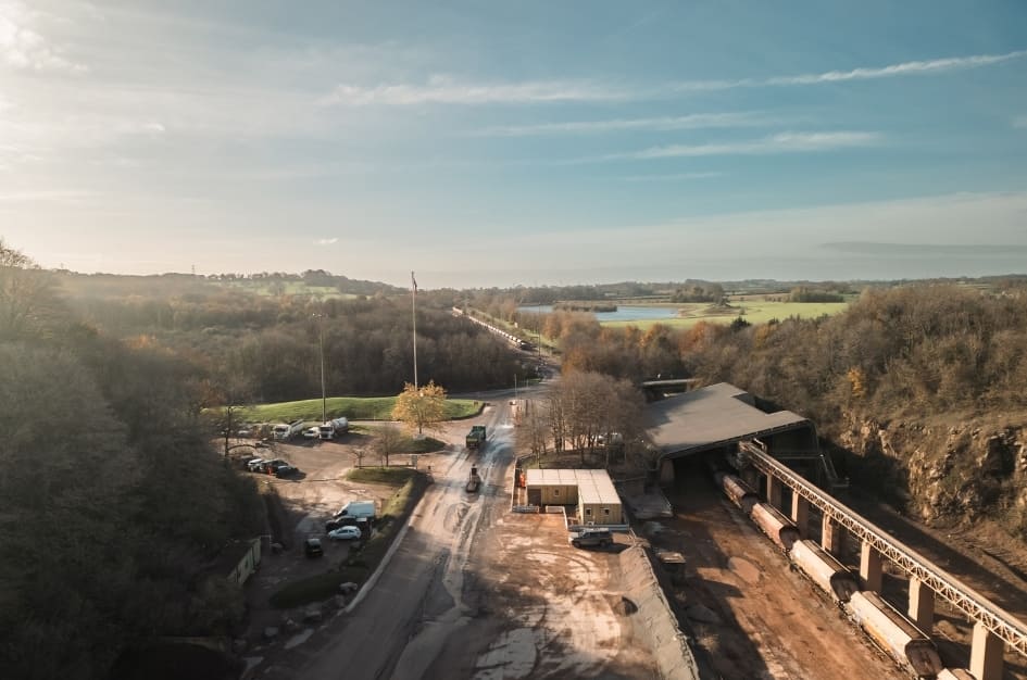 Drone shot of the new TF Jackson building at Torr Works Quarry, surrounded by beautiful scenery