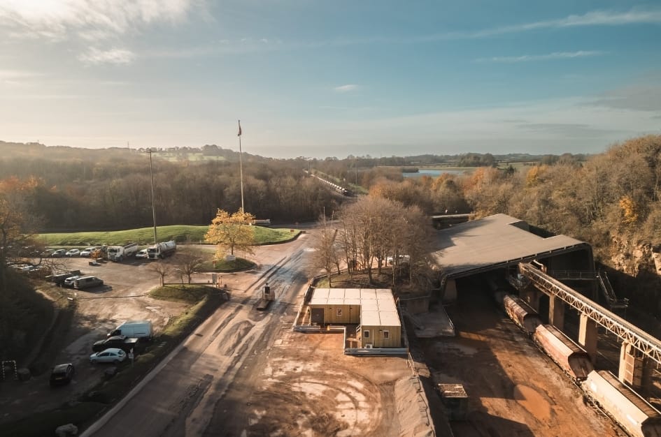 Aerial shot of the new TF Jackson building at Torr Works Quarry