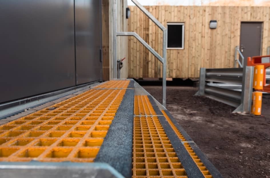 Steel steps finished in safety-yellow paint